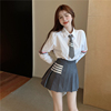韩系学院风套装女秋季2022年双杆白色衬衫，高腰百褶裙三件套女
