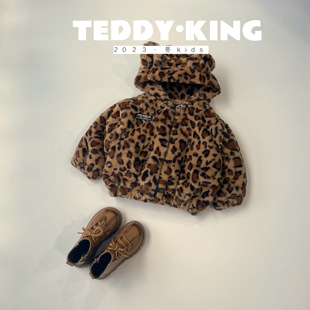 teddyking2023冬中小童，豹纹加绒连帽立领外套txb22216