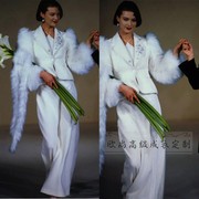 高级定制经典大牌白色羊毛西装钉珠外套+长半裙名媛套装裙奢华冬