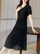 雅丽堡时尚法式黑色长裙v领显瘦轻奢雪纺连衣裙女夏季中长款裙子