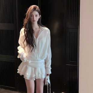 fairyjiang夏季白色衬衫连衣裙收腰绑带，蛋糕裙短裙含吊带背心