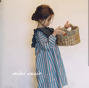 100-145韩国高端童装女童蓝白红竖条纹长袖连衣裙