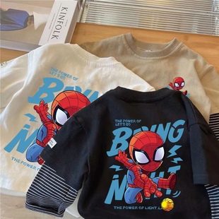 男童蜘蛛侠打底衫中小童春秋，韩版假两件长袖t恤圆领，卡通超人上衣