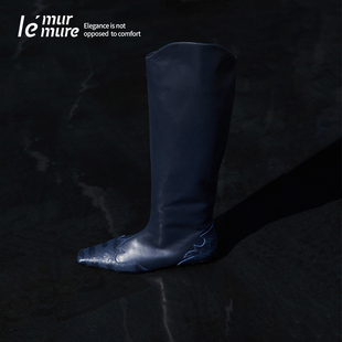le'murmure2024冬季设计师蛇纹，拼接骑士靴，真皮长筒靴女靴潮