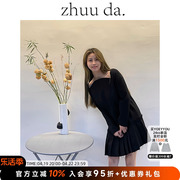 ZHUU DA设计师品牌黑色时尚显瘦圆弧长袖百褶连衣裙女