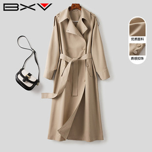 BXV驼色翻领风衣女中长款2024春季简约时尚英伦风高级感外套