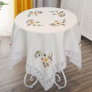 棉麻桌布家用小圆桌布，长正方形茶几盖布丝带，绣田园布艺餐桌台布