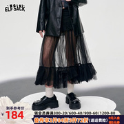 妖精的口袋网纱拼接黑色半身裙女2024年早春设计感显瘦蓬蓬裙
