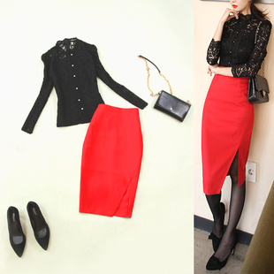 女装黑蕾丝立领优雅包身小衫衬衣+红色高腰包臀中裙套装