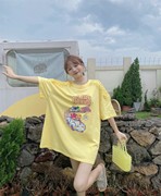 JL SUNFLOWER卡通印花短袖t恤女夏季宽松白色镂空蕾丝亮片上衣ins