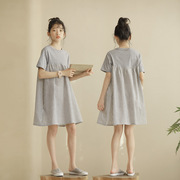 2024日韩女童宽松连衣裙，夏季少女简约休闲灰色，条纹拼接针织t恤裙