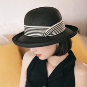 夏季遮阳帽女卷边草帽，英伦时尚黑色，防晒帽薄款法式太阳帽女款帽子