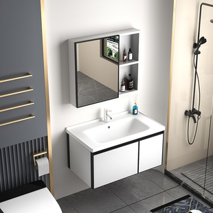 白色太空铝浴室柜简约洗手盆柜，组合卫生间岩板洗脸池，防水洗面盆柜