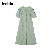 indicia纯棉连衣裙绿色A字裙圆领单排扣短袖裙子夏季标记女装