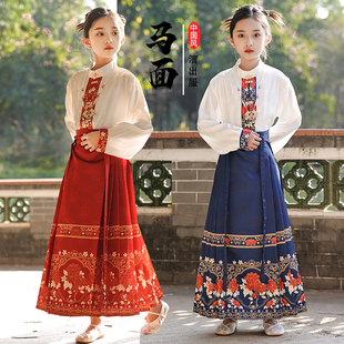 新中式高端马面裙春秋女童2024套装儿童汉服中国风缎面长袖款