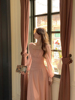 yssier一思温柔风，法式方领粉色高腰，长袖连衣裙2023春秋长裙