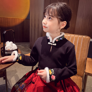 女童中国风刺绣上衣新中式，小女孩加绒打底衫儿童，t恤冬装2024
