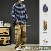 条纹长袖t恤男春秋季日系潮牌卫衣男生套装搭配一整套直筒工装裤