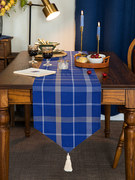 欧式格子布艺桌旗长方形地中海蓝长条茶几布桌布茶台装饰茶旗茶席