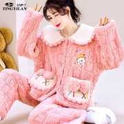 冬季睡衣女加厚加绒法兰绒珊瑚，绒保暖套装家居服，兔兔可爱睡衣外穿