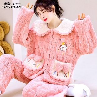 冬季睡衣女加厚加绒法兰绒珊瑚，绒保暖套装，家居服兔兔可爱睡衣外穿