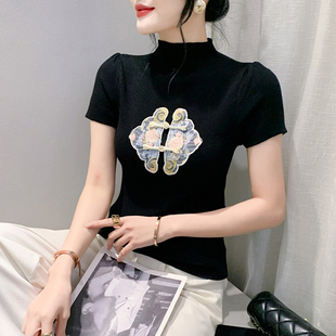 新中式刺绣针织上衣女春夏复古盘扣，短袖t恤气质半高领打底衫