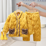 儿童冬季睡衣法兰绒三层加厚夹棉套装宝宝男童女童珊瑚绒家居服