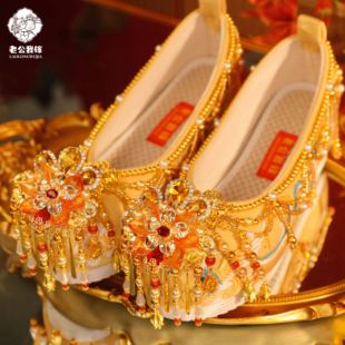 金枝玉叶中式秀禾婚鞋金色新娘，鞋婚鞋内增高凤凰刺绣手工珠串鞋