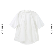 CAIRA 2021衬衫女设计感小众镂空露肩立领白衬衣蕾丝薄款短袖上衣