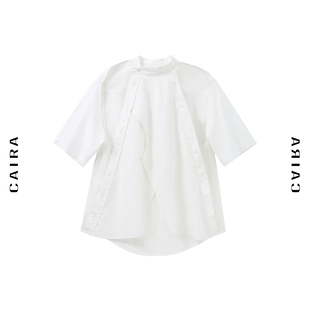 caira2021衬衫女设计感小众，镂空露肩立领白衬衣(白衬衣)蕾丝薄款短袖上衣