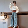 女童春装三件套2024韩版女孩时髦背心卫衣，工装牛仔裤网红套装