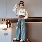 女童秋装三件套2023韩版女孩时髦背心卫衣工装牛仔裤网红套装