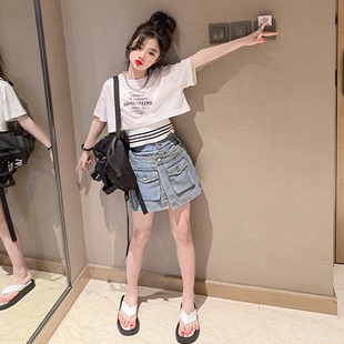 女童超酷拽姐套装2024夏季大童时髦韩版牛仔短裤儿童短裙两件