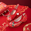 红色绣花鞋女内增高中式秀禾鞋中跟古装结婚新娘鞋婚鞋老北京布鞋