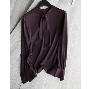 超美衬肤杨梅紫领结系带，长袖雪纺衬衫，女上衣秋季