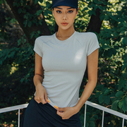 韩国瑜伽服上衣女夏季速干带胸垫短袖薄款紧身高，弹力长款健身t恤