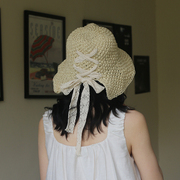 洛丽塔蕾丝甜美风草帽后开叉草编渔夫帽夏季户外遮阳防晒帽可折叠