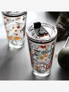玻璃吸管杯带刻度水杯，家用密封玻璃杯带盖大容量，果汁杯汽车杯