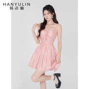 韩语琳粉色吊带连衣裙，女夏季高腰显瘦短裙2023小个子短款裙子