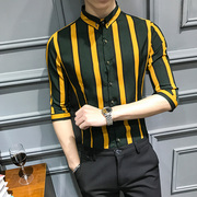 潮款五分袖竖条纹衬衫男韩版夏季薄款发型师修身中袖衬衣大码短袖