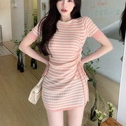 夏季女装韩版批发减龄短袖修身显瘦绑带条纹针织短款连衣裙潮