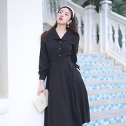 复古秋季黑色西装领中长款连衣裙气质赫本风长袖小黑裙法式女裙
