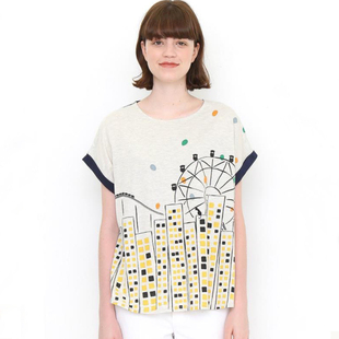 日本原单 女Graniph夏日系森林系休闲宽松印花圆领棉短袖T恤上衣