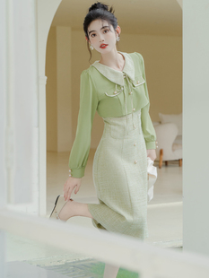 早春女套装复古法式小香风绿色通勤连衣裙显瘦气质，小个子高级感