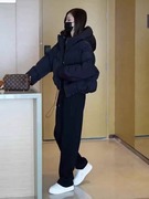 小个子韩系短款黑色连帽面包棉服外套设计感女冬季加厚欧货小棉袄