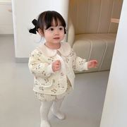 ins韩国套装女宝宝，夹棉碎花棉服外套，婴儿背带哈衣冬季外出2件套