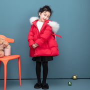 女童大毛领连帽棉衣，棉服2023冬装洋气红色，拜年服儿童棉袄外套