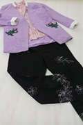 韩版时尚浅紫色白色雪纺领袖口拼接绿色刺绣，花朵布贴春秋蕾丝外套