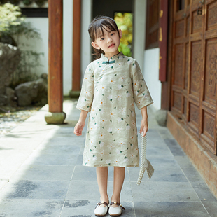 女童旗袍中国风春秋，2022古风改良唐装，儿童复古棉麻长袖连衣裙