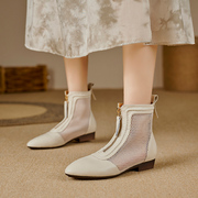 2024网纱女靴子平跟女鞋米，白色真皮镂空凉靴夏季短靴40码舒适